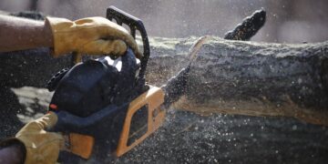 Man's hands hold a chainsaw against a fallen tree as wood chips shoot in all directions.